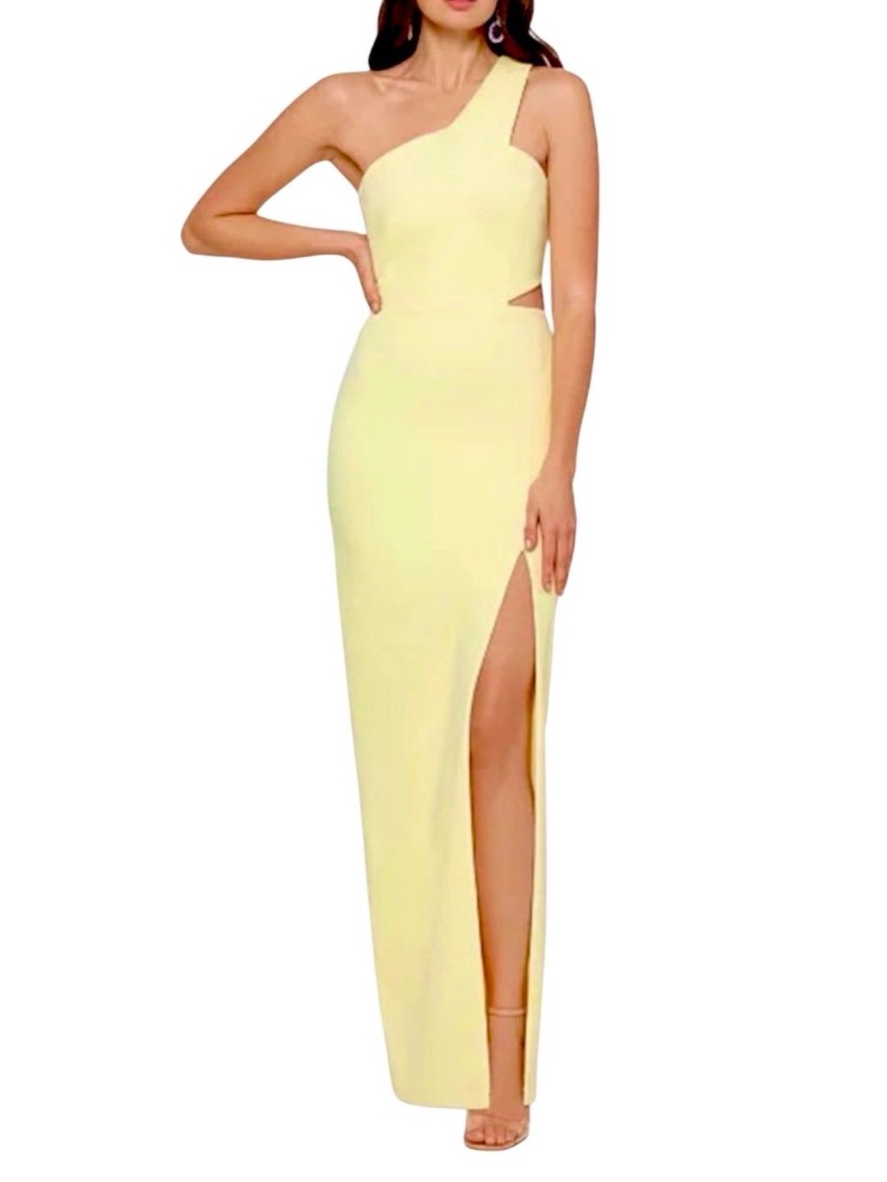 Xscape One-Shoulder Pale Yellow Evening Gown with High Slit Size 2